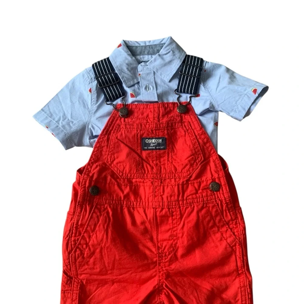 OshKosh B'gosh Toddler Short‎ Overalls Set Red Watermelon Bodysuit Boys 9M